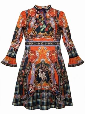 Orange Multi Floral & Plaid Long-Sleeve Fit-and-Flare Dress